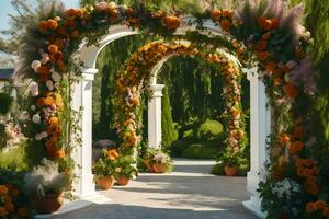 an archway with orange and green flowers. AI-Generated photo