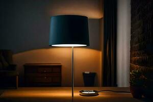 a lamp is on a table in a dark room. AI-Generated photo