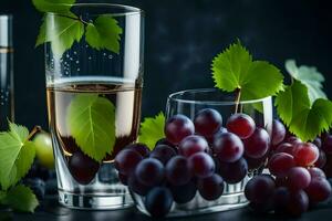 grapes and wine in glasses on a dark background. AI-Generated photo