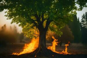 a tree with flames coming out of it. AI-Generated photo