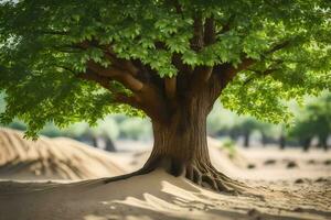 a tree in the desert with sand dunes in the background. AI-Generated photo