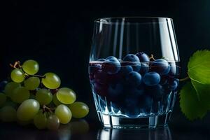 un vaso de vino y uvas en un oscuro mesa. generado por ai foto