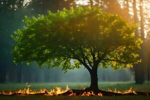 a tree with flames in the middle of a field. AI-Generated photo