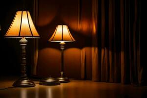 two lamps sit on a table in front of a curtain. AI-Generated photo