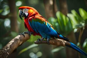 a colorful parrot sits on a branch in the forest. AI-Generated photo