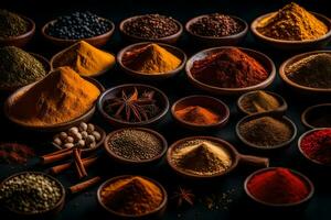 various spices and herbs in bowls. AI-Generated photo