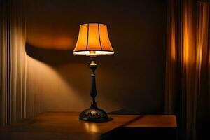 a lamp on a table in front of curtains. AI-Generated photo