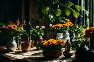 flowers in vases on a table. AI-Generated photo