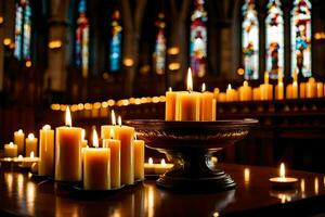 velas son iluminado en un Iglesia con manchado vaso ventanas generado por ai foto