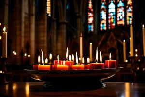 candles are lit in a church with candles in the background. AI-Generated photo