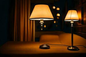 two lamps on a table in a dark room. AI-Generated photo