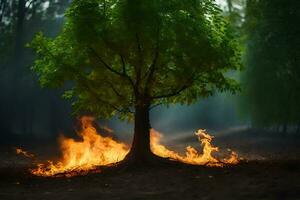 a tree with flames coming out of it in the middle of a forest. AI-Generated photo