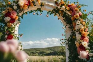 an archway with flowers and a blue sky. AI-Generated photo