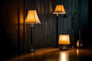 Tres lamparas en un mesa en un oscuro habitación. generado por ai foto
