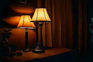 two lamps on a table in the dark. AI-Generated photo