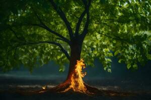 un árbol con fuego viniendo fuera de él. generado por ai foto