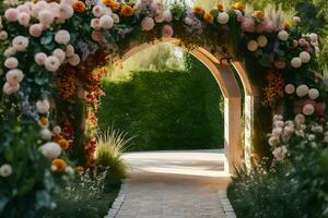 a walkway with flowers and archway. AI-Generated photo