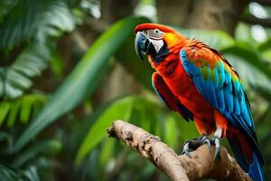 a colorful parrot sits on a branch in the jungle. AI-Generated photo