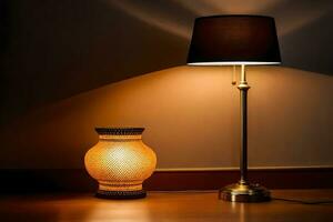 a lamp and a vase on a wooden floor. AI-Generated photo