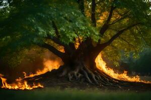 a tree with flames coming out of it. AI-Generated photo