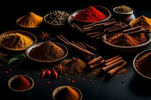 spices and spices on a black background. AI-Generated photo