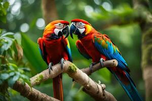 two colorful parrots sitting on a branch. AI-Generated photo