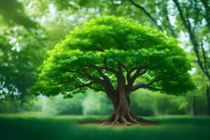 un árbol en el medio de un verde campo. generado por ai foto