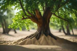 a tree with roots growing out of the sand. AI-Generated photo