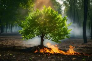 a tree is burning in the middle of a forest. AI-Generated photo