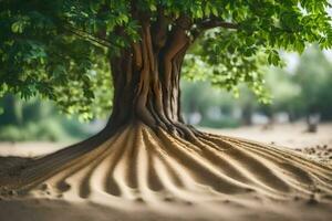 a tree with roots in the sand. AI-Generated photo