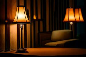 a table with a lamp and a chair in the dark. AI-Generated photo