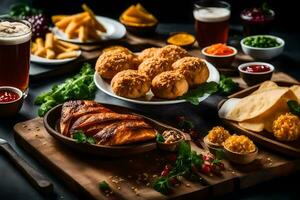 un mesa con comida y bebidas generado por ai foto