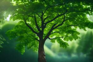 un árbol es en pie en el medio de un verde campo. generado por ai foto