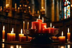 candles in a church with candles lit in the background. AI-Generated photo