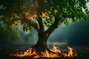 a tree with flames coming out of it. AI-Generated photo