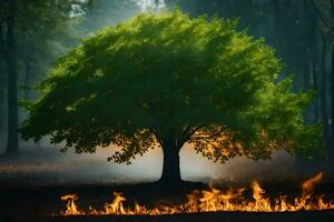 a tree is shown in the middle of a forest with flames. AI-Generated photo