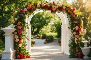 an archway with flowers and greenery. AI-Generated photo