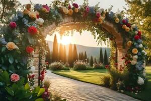 an archway with flowers and greenery in the background. AI-Generated photo