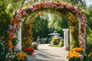 a flower archway is decorated with colorful flowers. AI-Generated photo