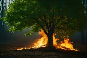 a tree is burning in the middle of a forest. AI-Generated photo