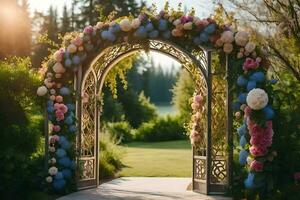 an archway decorated with flowers and greenery. AI-Generated photo