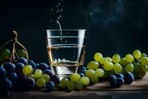 un vaso de agua y uvas en un mesa. generado por ai foto