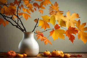 a vase with pumpkins and autumn leaves on a table. AI-Generated photo