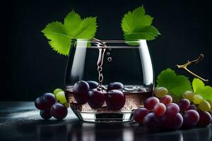 uvas en un vaso con un chapoteo de vino. generado por ai foto