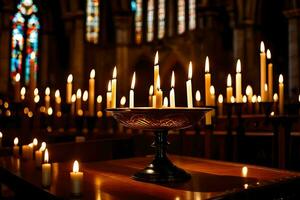 velas son iluminado en un Iglesia con manchado vaso ventanas generado por ai foto