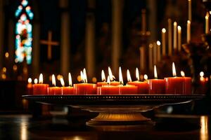 muchos velas son iluminado en un iglesia. generado por ai foto