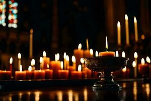 candles in a church with candles lit. AI-Generated photo