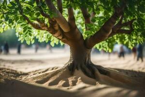 a tree with roots in the sand. AI-Generated photo