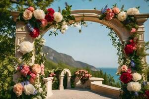 an archway with flowers and a view of the ocean. AI-Generated photo