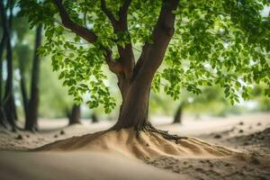 a tree with roots growing out of the sand. AI-Generated photo